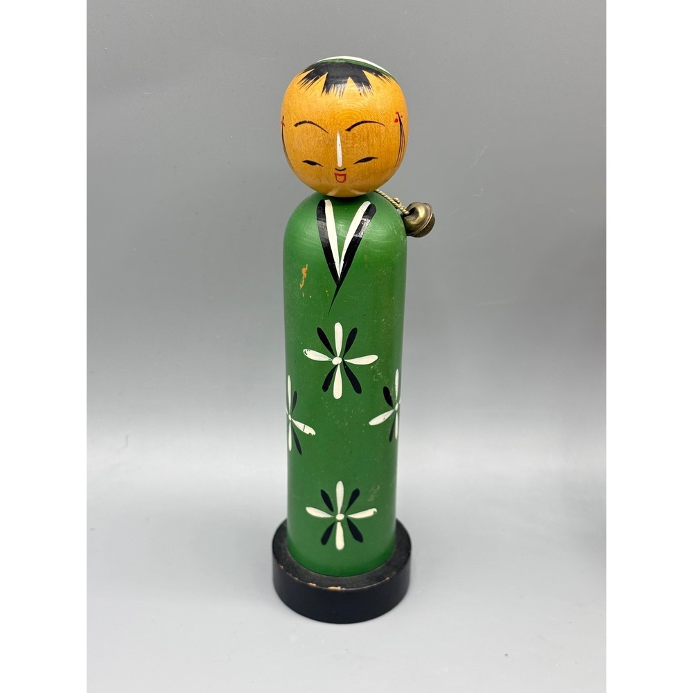 Vintage Wooden Kokeshi Doll Green Bank‎ Nodder Hand Painted Folk Decor